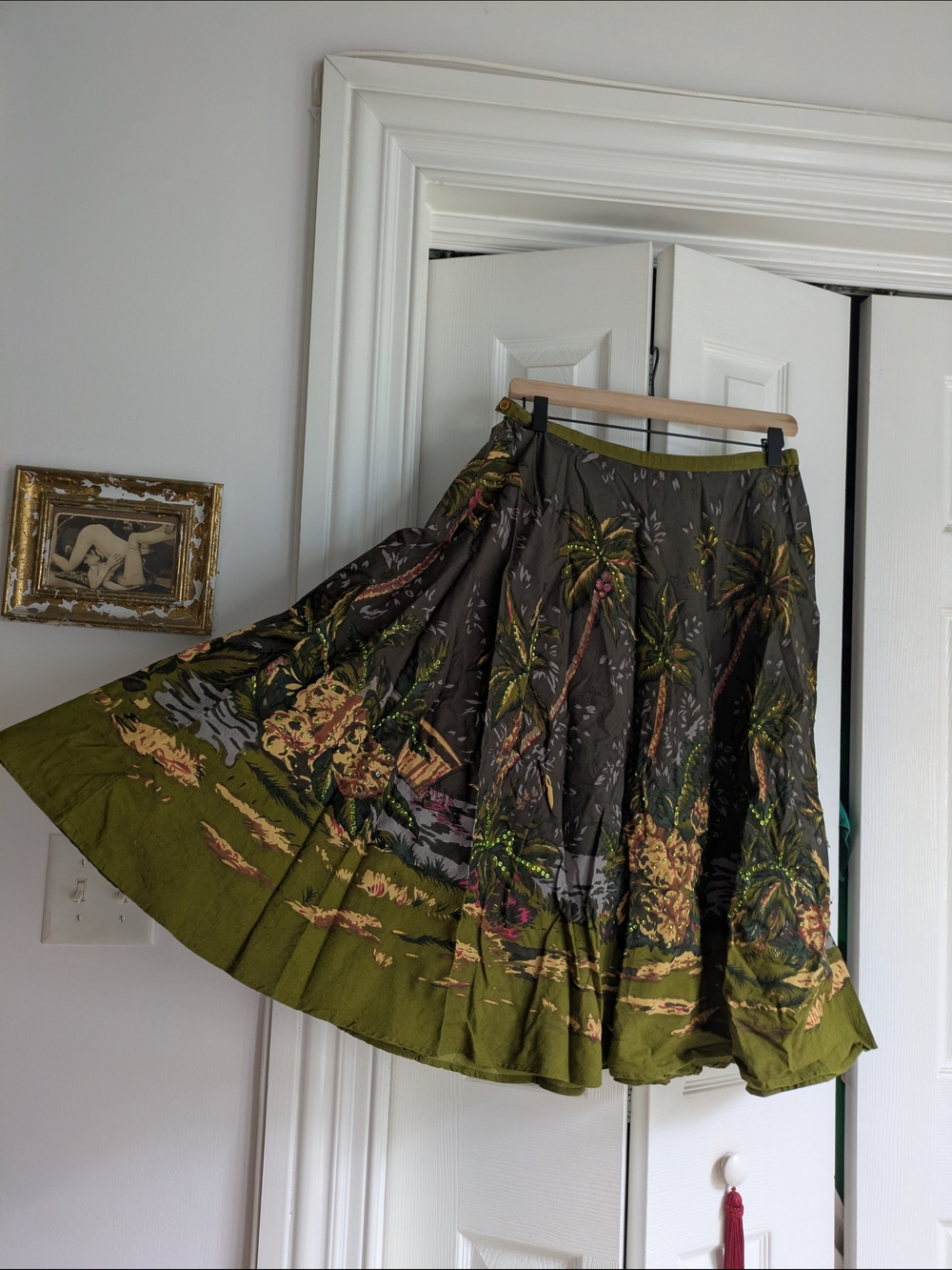 Vintage Olive Green Tropical-Print Circle Skirt